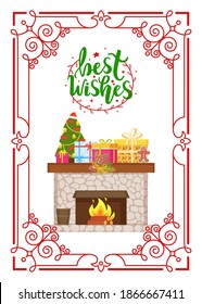 Best wishes, fireplace made of stone, topped by wrapped presents and gift boxes, vector in Xmas frame. Mantelpiece with burning fire and logs in flame