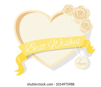 Best wishes frame with rose flowers, heart shape border vector illustration of beige blossoms and yellow ribbon with tag, gift photoframe in flat style