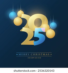 Best Wishes - Golden and Blue Merry Christmas and Happy New Year Greeting Card with Christmas Balls, Creative Design Template - 2025