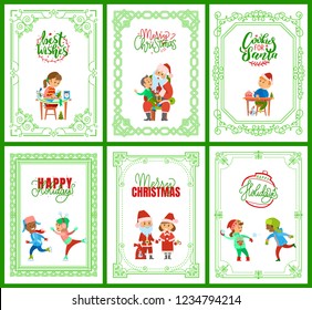 Best wishes happy New Year Merry Christmas postcards set vector. Santa Claus with kid on laps, children skating, girl making handicraft handmade gifts
