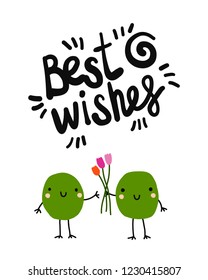 Best wishes lettering and illustration two frogs giving flowers bouquet kawaii style for posters cards prints kids books