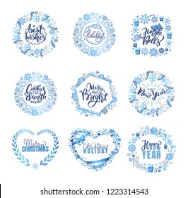 Best wishes, merry and bright, Christmas winter holidays greeting cards in blue decorative frames. Lettering signs and snowflakes. New Year heart borders