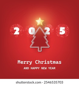 Best Wishes, Merry Christmas and Happy New Year Greeting Card with Red Star on Top of a Christmas Tree - Creative Design, Vector Template for Year 2025