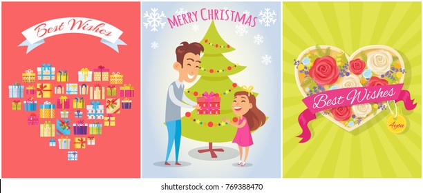 Best wishes and merry Christmas, placards with letterings in ribbons, family by evergreen tree, bouquet of roses and presents vector illustration