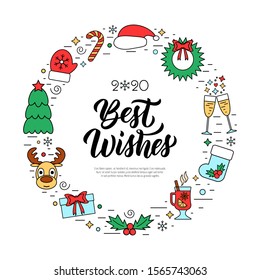 Best Wishes Modern Calligraphy Quote With Colorful Christmas Holidays Frame With Traditional Attributes In Line Icon Style. Vector Illustration