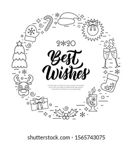 Best wishes modern calligraphy quote with Christmas holidays frame with traditional attributes in line icon style. Vector illustration