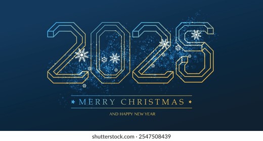 Best Wishes - Modern Style Golden and Dark Blue Merry Christmas and Happy New Year Greeting Card or Background with Snowflakes, Creative 3D Line Art, Vector Design Template - 2025