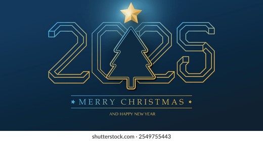 Best Wishes - Modern Style Golden and Dark Blue Merry Christmas and Happy New Year Greeting Card or Background with Christmas Tree Silhouette - Creative 3D Line Art, Vector Design Template - 2025