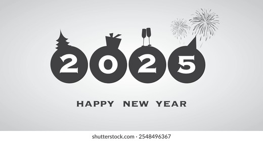 Best Wishes - Modern Style Simple Minimal Wide Scale Happy New Year Card or Cover Background Template for Year 2025 - Round Typography Concept Telling the Progress of Traditional Winter Holiday Events