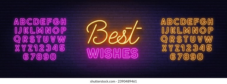 Best Wishes neon lettering on brick wall background.