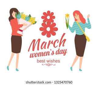 Best wishes on international 8 March womens day, happy females with flowers. Vector caucasian girls with blooming gifts, cartoon style people, flat design