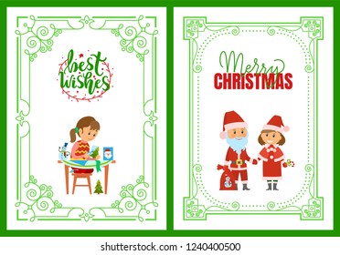 Best wishes postcard in ornamental frame with girl cutting postcard from paper. Santa Claus and Snow Mermaid vector. Christmas winter holidays characters