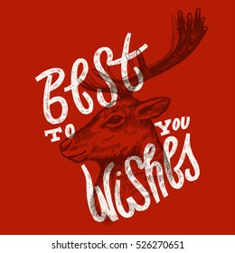 best wishes red card. reindeer lettering. silk screen print.