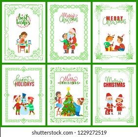 Best wishes, Santa Claus with kids on laps set vector. Snowman character building, children unpacking presents, father and daughter decorating tree