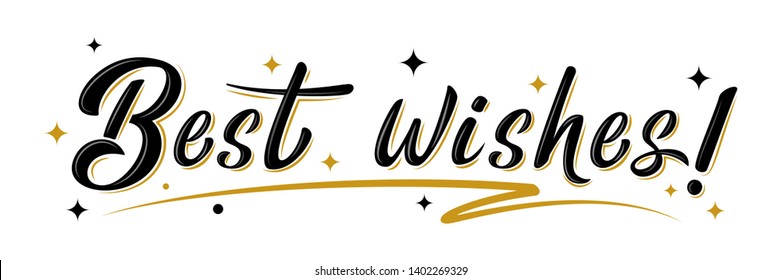 
Best wishes sign with golden stars. Handwritten modern brush lettering isolated on white.  For holiday design, postcard, invitation, banner, poster, T-shirt print design, icon.  Vector illustration