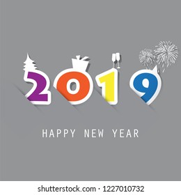 Best Wishes - Simple Colorful New Year Card, Cover or Background Design Template With Christmas Tree, Gift Box, Drinking Glasses And Fireworks - 2019