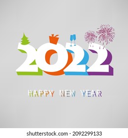 Best Wishes - Simple Colorful New Year Card, Cover or Background Design Template With Christmas Tree, Gift Box, Drinking Glasses And Fireworks - 2022