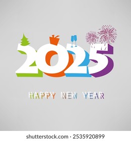 Best Wishes - Simple Colorful New Year Card, Cover or Background Design Template With Christmas Tree, Gift Box, Drinking Glasses And Fireworks on Big Numerals - 2025