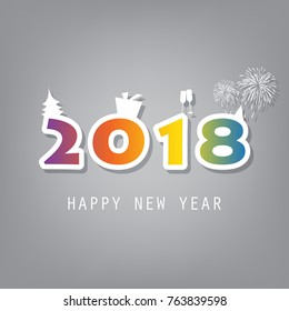 Best Wishes - Simple Colorful New Year Card, Cover or Background Design Template With Christmas Tree, Gift Box, Drinking Glasses And Fireworks - 2018