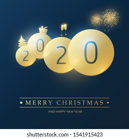 Best Wishes - Simple Dark Blue and Golden New Year Card, Cover or Background Design Template with Numerals - 2020