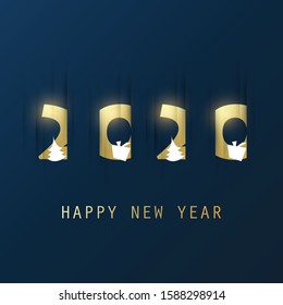 Best Wishes - Simple Dark and Gold Colored New Year Card, Cover or Background Design Template With Christmas Tree, Gift Box, Drinking Glasses And Fireworks - 2020