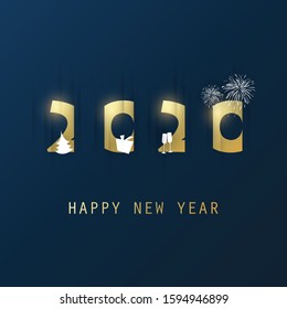 Best Wishes - Simple Dark and Gold Colored New Year Card, Cover or Background Design Template With Christmas Tree, Gift Box, Drinking Glasses And Fireworks - 2020