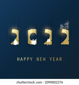 Best Wishes - Simple Dark and Gold Colored New Year Card, Cover or Background Design Template With Christmas Tree, Gift Box, Drinking Glasses And Fireworks - 2022