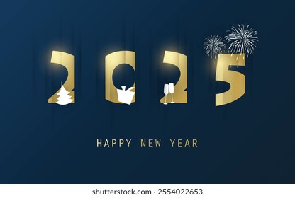 Best Wishes - Simple Dark and Gold Colored New Year Card, Cover or Background Design Template With Christmas Tree, Gift Box, Drinking Glasses And Fireworks - 2025