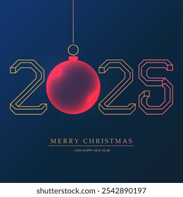 Best Wishes - Simple Golden and Dark Red Merry Christmas and Happy New Year Greeting Card or Background, Creative 3D Line Art, Vector Design Template - 2025