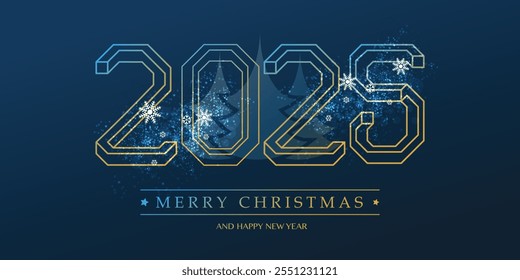 Best Wishes - Simple Golden and Dark Blue Merry Christmas and Happy New Year Greeting Card or Background with Snowflakes, Creative 3D Line Art, Vector Design Template - 2025