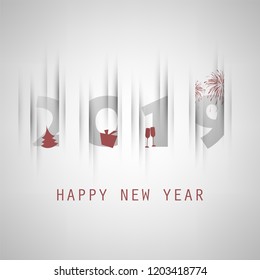 Best Wishes - Simple Grey and Red New Year Card, Cover or Background Design Template With Christmas Tree, Gift Box, Drinking Glasses And Fireworks - 2019