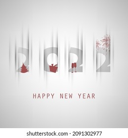Best Wishes - Simple Grey and Red New Year Card, Cover or Background Design Template With Christmas Tree, Gift Box, Drinking Glasses And Fireworks - 2022
