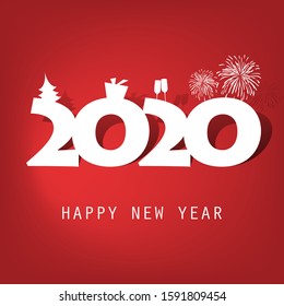Best Wishes - Simple Red and White New Year Card, Cover or Background Design Template With Christmas Tree, Gift Box, Drinking Glasses And Fireworks - 2020