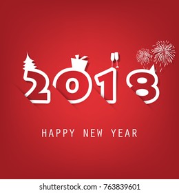 Best Wishes - Simple Red and White New Year Card, Cover or Background Design Template With Christmas Tree, Gift Box, Drinking Glasses And Fireworks - 2018