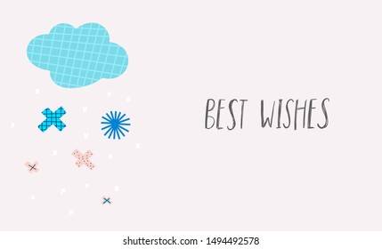 Best wishes snow Christmas snowflake simple card. Winter Holidays vector. Paper postcard graphic design element. Cute Hand written primitive small sign. Kids drawing Children made cutout naive art