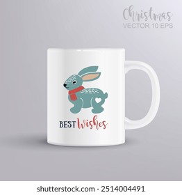 Best Wishes. Vector lettering with stylized hand drawing hare. Merry Christmas concept with mug mockup. Vector Illustration