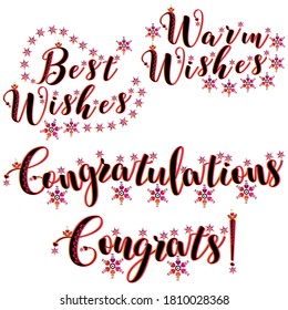 Best wishes. Warm wishes. Congratulations congrats. Word art set. Greeting labels collection. Sticker set. Banner titles. Heart flower pattern elements. Vector design for cards web and storybooks.