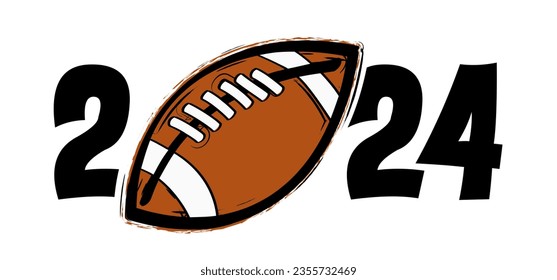 Best wishes, we wish you a happy new year 2024 with the letter o as American football. Rugby ball lor rugbyball icon. Super bow in doodle style. Cartoon vector foot ball sign. Xmas, christmas sign