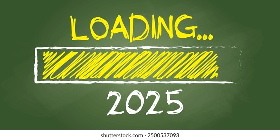 Best wishes, we wish you a Happy new year, 2025 loading bar on schoolboard. Flat vector best midnight slogan or quote. Christmas and New year greeting card. New Year's at midnight.