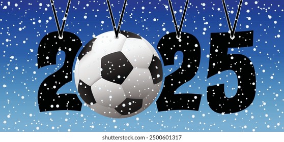 Mis mejores deseos, les deseamos un feliz año Nuevo 2025 con el fútbol en el campo de nieve invernal. Final del deporte o escuela, taza del juego de los deportes. tiempo del invierno, juegos de la pelota de la calle. Objetivo de dibujos animados para 2025.