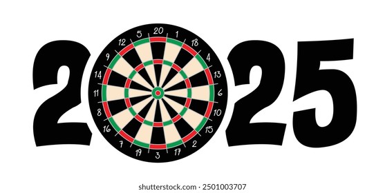 Best wishes, we wish you a happy new year 20245 wit dart board symbol. Dartboard icon. Game board and darts game. Sports equipment and arrows. Throw single, double or triple