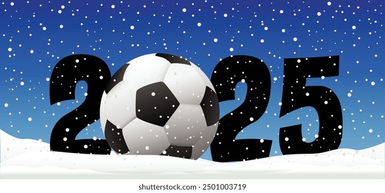 Best wishes, we wish you a happy New Year 2025 with football on winter snow field. Sport finale or school, sports game cup. winter time, Street ball games. Cartoon goal for 2025.