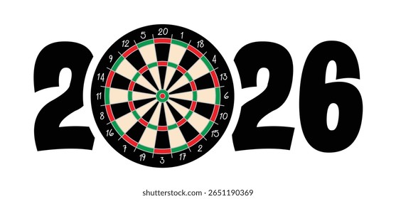 Os melhores votos, desejamos-lhe um feliz ano novo 2026 com símbolo de dart board. Ícone de Dartboard. Jogo de tabuleiro e dardos jogo. Equipamento desportivo e flechas. Lançar simples, duplo ou triplo