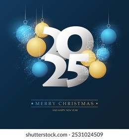 Best Wishes - White, Golden and Blue Merry Christmas and Happy New Year Greeting Card with Christmas Balls, Creative Design Template - 2025