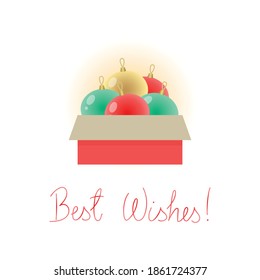 Best Wishes. Winter holiday greeting card. Illustration of colorful Christmas balls in a box on a white background. Vector 10 EPS.