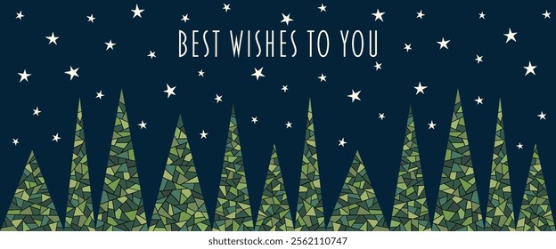 Best wishes to you. Banner with abstrakt fir trees in front of a starry sky.