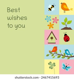 Best wishes to you. Square card with spring symbols in pastel colors.