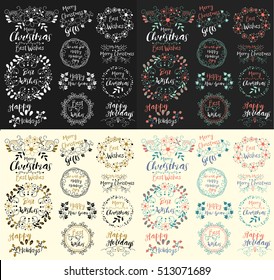 Best Wishes.Happy Holidays.Merry Christmas Gifts. New Year.Holly Jolly.Insignias logotypes, badges, stickers, stamps, icons, frames, card design set.Doodle vector vintage elements.
