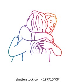 Best women friends gritting hugging each other. Rainbow color. Sketch vector illustration.