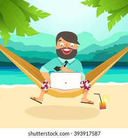 The best work, Work with pleasure. Young man sitting in hammock on the beach and working with laptop. Working outdoor, outsource concept. Vector colorful illustration in material design